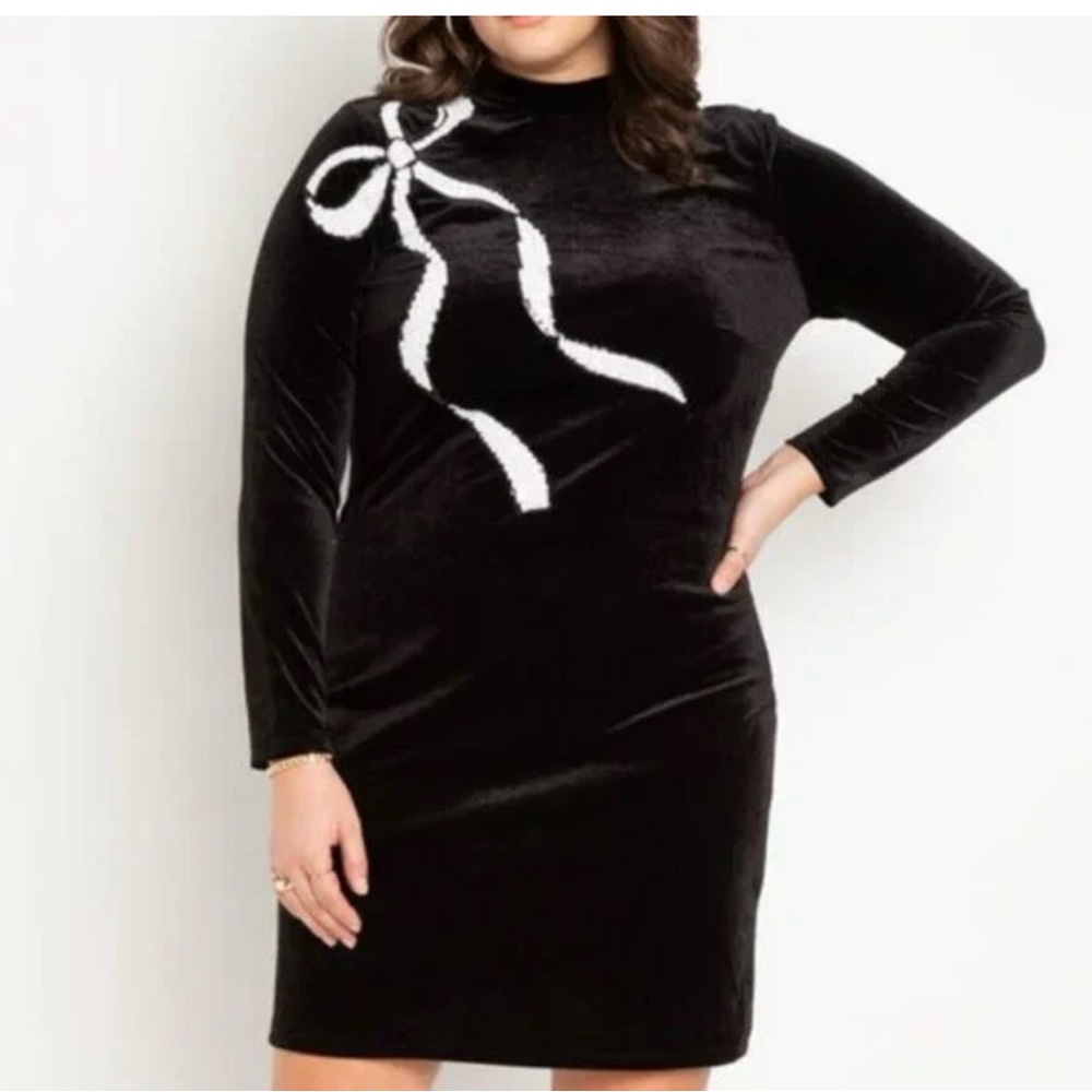 Eloquii Black Velvet Dress with White Bow